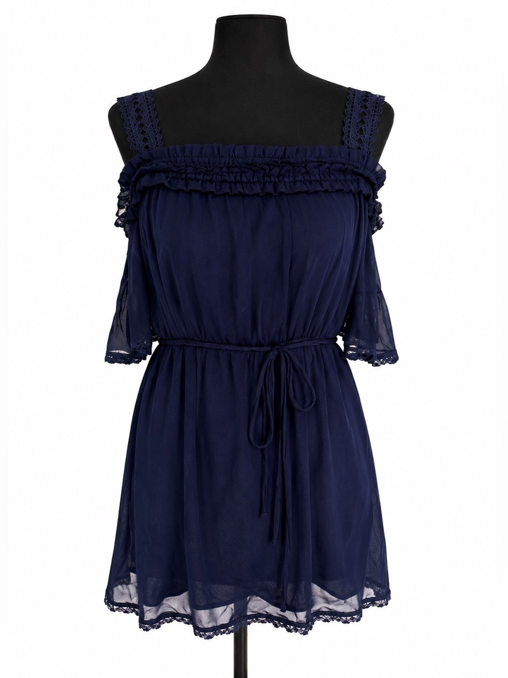 THE KOOPLES DARK BLUE OFF THE SHOULDER LACE TRIM MINI DRESS